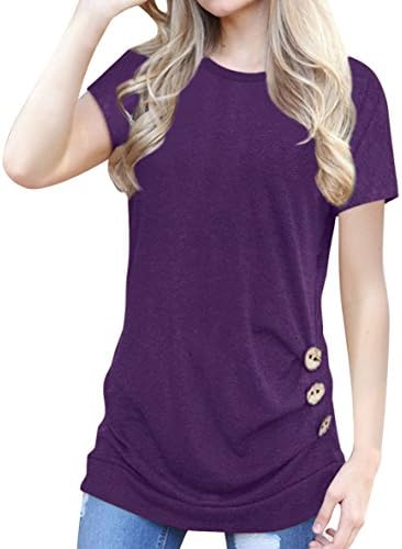CEU Women's Short Sleeve Casual Tunic Buttons Decor Crew Neck T-Shirt (Medium, Purple)