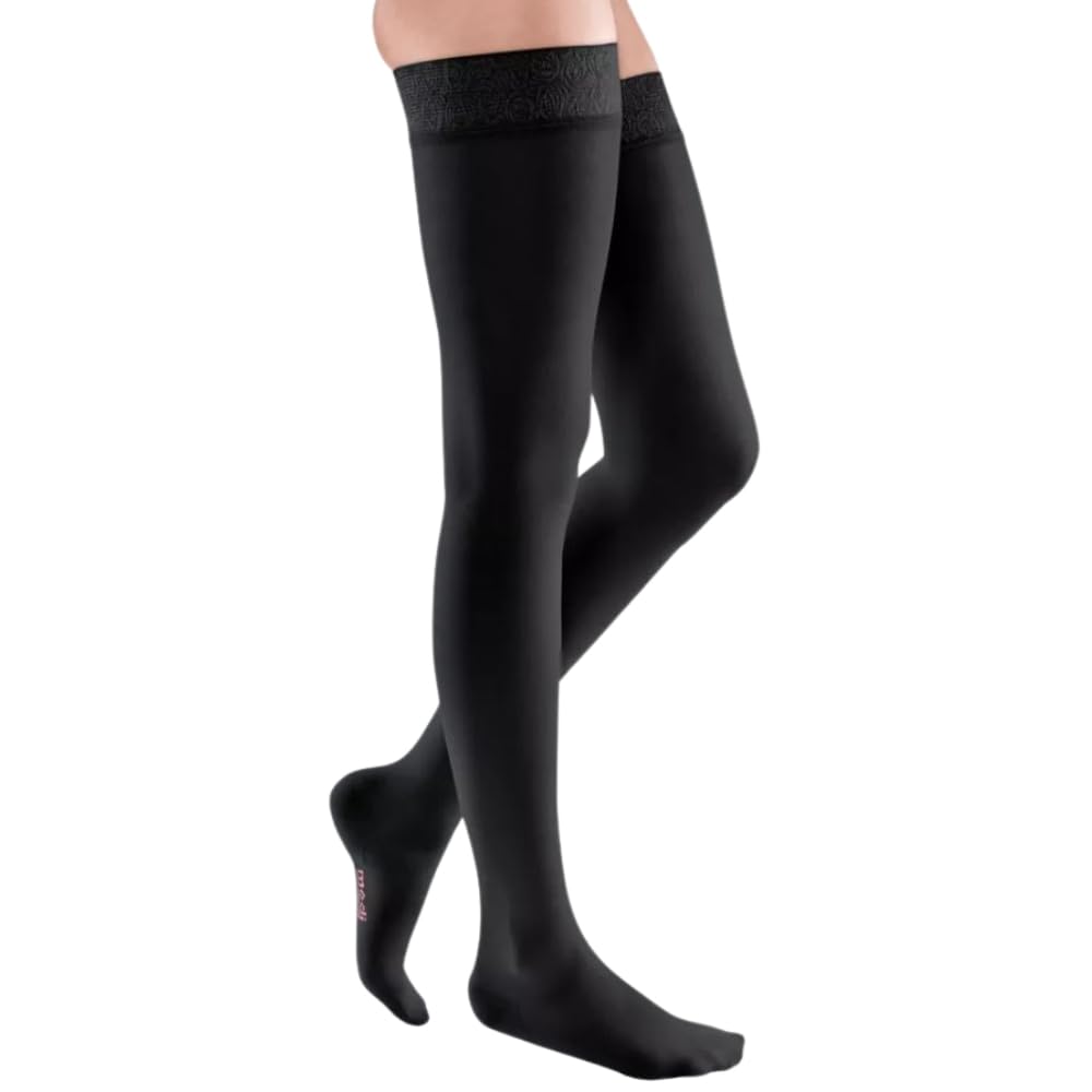 mediven Elegance CCL1 Thigh Length Closed Toe Compression Stockings with Topband Black Standard Length Size 4