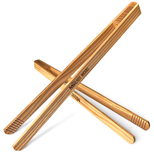 Mr.Art Wood Long Wooden BBQ Tongs (Pack of 2), 11,8" Generous Length, Best for Grilled Meat, Steaks, Fruits, Vegetables or Bread & Toaster at Kitchen, 100% Natural Ash Wood
