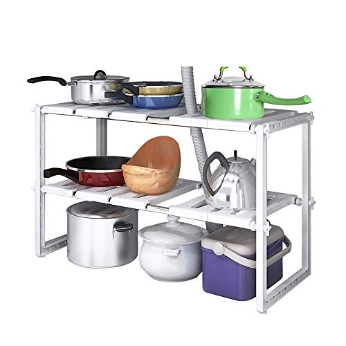 Home-Neat 2 Tiers Expandable Kitchen Storage Multi-Functional Rack Adjustable Stainless Steel Under Sink Organizer Storage Shelf Cabinet
