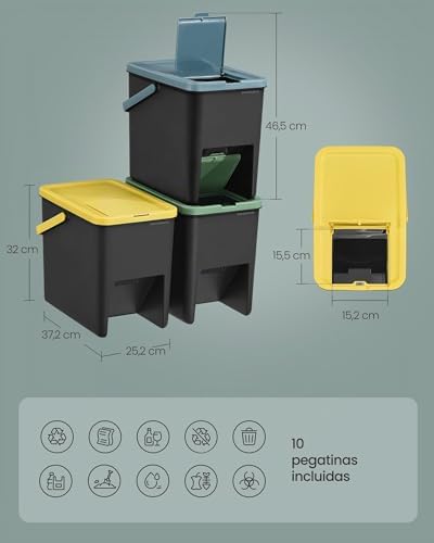 Cubo de Basura, Juego de 3 Cubos Apilables, Papeleras, 20 L Cada, Sistema de Separación Residuos, Tapas Apertura a Presión, Pegatinas, Almacenaje, Amarillo, Azul y Verde LTB763BZ01