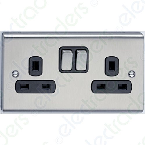 Deta SD1209SSB Switched Socket Outlet 13 Amp - 2 Gang (Stainless Steel/Black Inserts)