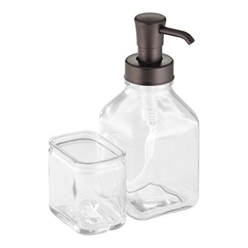 InterDesign Cora Glass Soap Dispenser Pump and Sponge Caddy - Kitchen Sink Organizer, Clear/Bronze