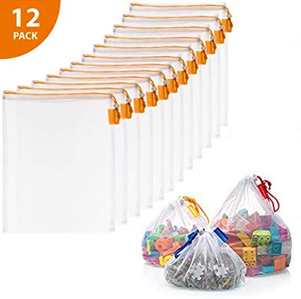 VANDOONA Toy Storage & Organization Mesh Bags Set of 12 See-Through Washable Mesh Bags & Color Coded Drawstrings. Playroom Organization, Baby Toys, Game Pieces, Toy Sets, Bathtub Toys. Size 12" x 14"