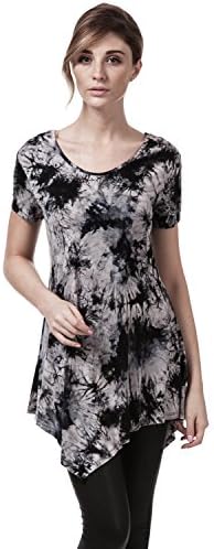 Elbon Boutique Women Short Sleeve Scoop Neck All Over Tie-dye Tunic Top , Black , X-Large