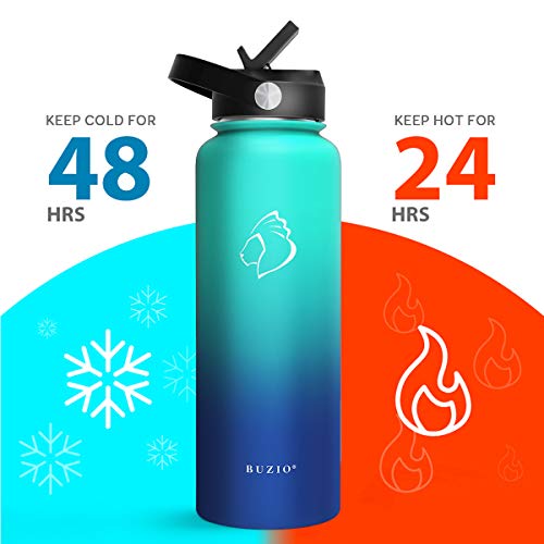 BUZIO Double Wall Stainless Steel Sports Water Bottle, BPA-Free Flex Cap and Straw Lid, 40 Ounces, Pacific Dream