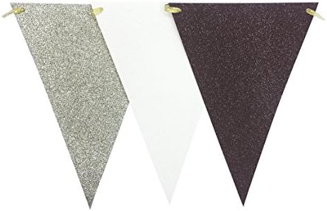 Ovee Lando 15 Feet Vintage Style Triangle Flag Bunting Banner for Wedding Birthday Baby Shower Home Teepee Decor, Double Sided Glitter Black White Silver 15 Flags
