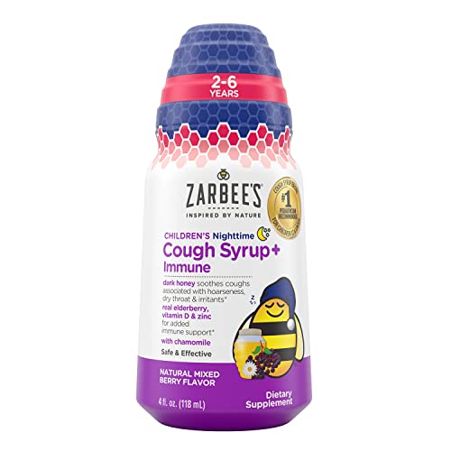 ZARBEE’S CHILDREN’S NIGHTTIME HONEY COUGH SYRUP + IMMUNE FOR KIDS 2+, COUGH SYRUP WITH SOOTHING DARK HONEY, REAL ELDERBERRY, VITAMIN D & ZINC, & CHAMOMILE, DRUG-FREE, MIXED BERRY, 4 FL. OZ