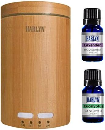 Harlyn Ultrasonic Real Bamboo Aromatherapy Diffuser - Includes 2 FREE Essential Oils (Eucalyptus &amp; Lavender) - 7 LED Lights - Waterless Auto-shutoff and Timer - For Office, Home, Spa &amp; Massage Centers