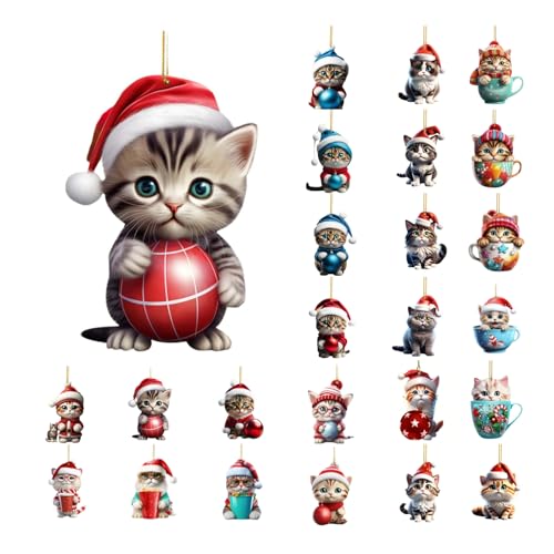 Cat Christmas Tree Decorations, Xmas Hat Cute Cat Pendant Christmas Tree Hanging Ornaments 2D Fun Acrylic Decorations for Xmas Accessories Party Decor Party Home