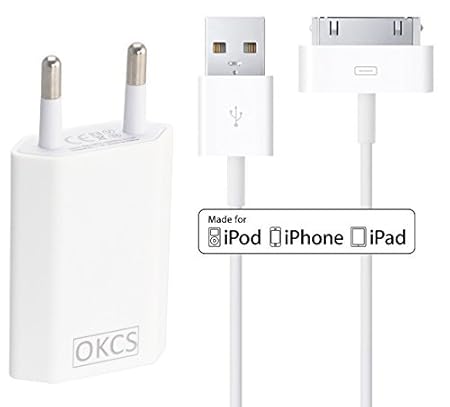 OKCS Ladeset - USB Ladekabel 1 Meter + 1A Netzteil kompatibel für iPhone 4, 4s, iPad 2, 3 & iPod - in Weiß