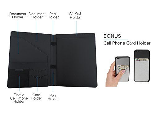 Portfolio - Padfolio Document Organizer Folder for Job Resume, Interview and Meetings - Phone Pocket and Business Card Holder, Letter Size Writing Notepad Slot - for Man and Woman - Black PU Leather