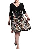 VIGVOG Women's Sexy Plus Size Floral Print Wrap A-line Black Dress