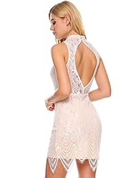 ANGVNS Vestido de cóctel sin mangas con encaje floral y cuello halter elegante hasta la rodilla para mujer