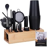 Cocktail Shaker Set Bartender Kit with Bamboo Stand, 15-Piece Stainless Steel Bar Set Accessories, Professional Bartending Kit Home Bar Tools Set with Recipes (Matte Black, Natural Wood Stand)