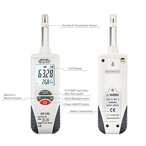 Hygro-Thermometer Psychrometer,Handheld Digital Humidity Temperature Meter with Backlight Large LCD Display and Auto Power Off, Dual Display Temperature & Humidity, Battery Included,Hti-Xintai - Thumbnail 5