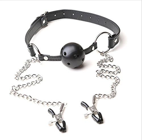 Black Leather Choker Collar With Open Mouth Ring Nip ple Clamps Clip (Black) (Fulfilled by Merchant)