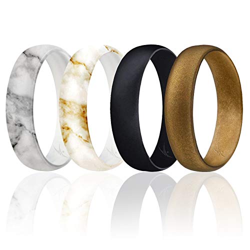 ROQ Silicone Wedding Ring for Women, Set of 4 Affordable Comfort Fit 6mm Love Metallic Silicone Rubber Wedding Bands - Marble, Bronze Marble, Black, Bronze - Size 4