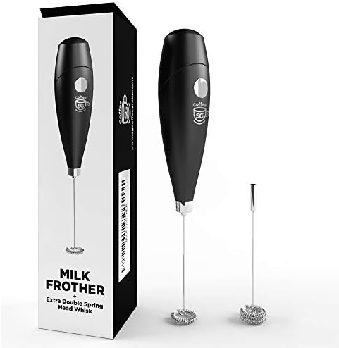 Electric Milk Frother Handheld Whisk - Battery Operated Coffee Frother - Powerful Latte Cappuccino Frother Wand – Hot Milk Foam Maker - Best SOYA Milk Mixer - Free eBook - Extra Whisk