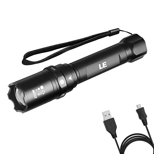 LE 1040lm CREE LED Rechargeable Tactical Flashlight, Focus Zoomable 6 Modes Adjustable Water-Resistant Super Bright Memory Function USB Cable Charging Portable Torch for Hiking Camping