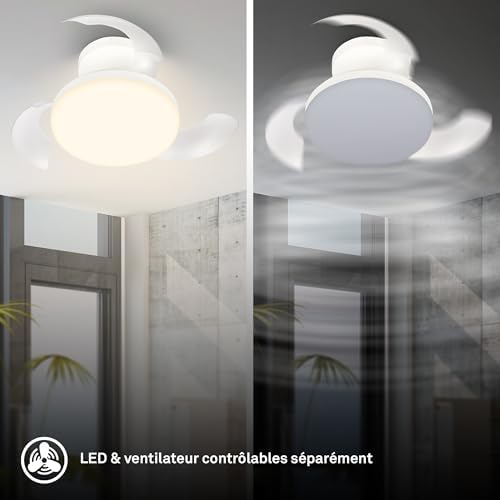 - Plafonnier ventilateur de plafond LED avec éclairage, télécommande, moteur DC silencieux à 3 vitesses, CCT et intensité réglable, pales rétractables, plafonnier ventilateur, 44 cm, blanc
