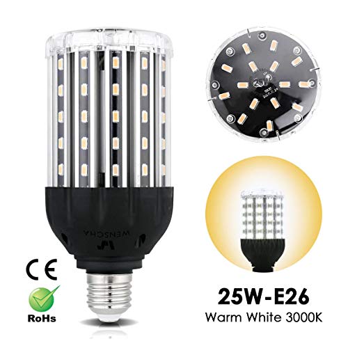 25W E26 LED Corn Light Bulb, Wenscha 25W 3000K Soft Warm White 2500 Lumen 220W Equivalent Super Bright LED Bulb Lamp for Indoor Outdoor Large Area Garage Factory Warehouse Backyard Garden Porch