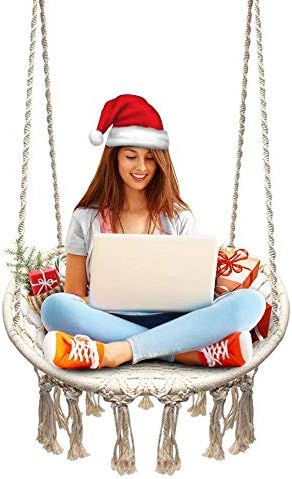 SISIRI Swing Hammock Chair, Handmade Knitted Hanging Swing Chair by Cotton Rope with Romantic Fringes Macrame for Indoor/Outdoor Home Patio Deck Yard Garden Reading Leisure Lounging