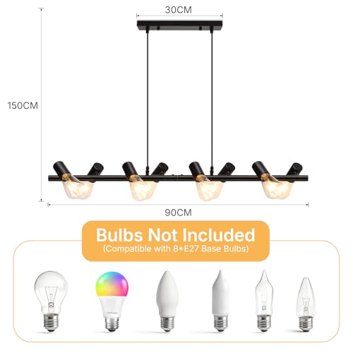 VivaLet Dining Table Pendant Ceiling Lamp with 8 Bulbs, E27 Base, Black, Swivel Head, Height Adjustable Industrial Pendant Lamp for Dining Room, Kitchen, Bar, Restaurant