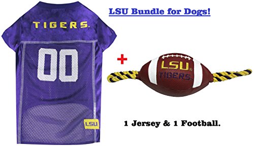 College LSU Tigers PET FOOTBALL TOY & PET JERSEY Bundle, Small. ▬ Tigers Dog Jersey & Football Rope Dog Toy