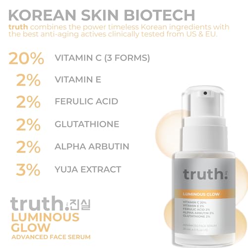 truth 진실 Luminous Glow Advanced Face Serum 30ml – Vitamin C 20%, Vitamin E, Ferulic Acid, Alpha Arbutin, Glutathione, Yuja Extract – Korean Brightening & Anti-Pigmentation Serum