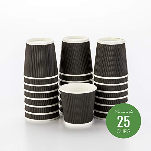 25-CT Disposable Black 4-OZ Hot Beverage Cups with Ripple Wall Design: No Need for Sleeves - Perfect for Cafes or Home Use - Eco-Friendly Recyclable Paper - Insulated - Wholesale Takeout Coffee Cup