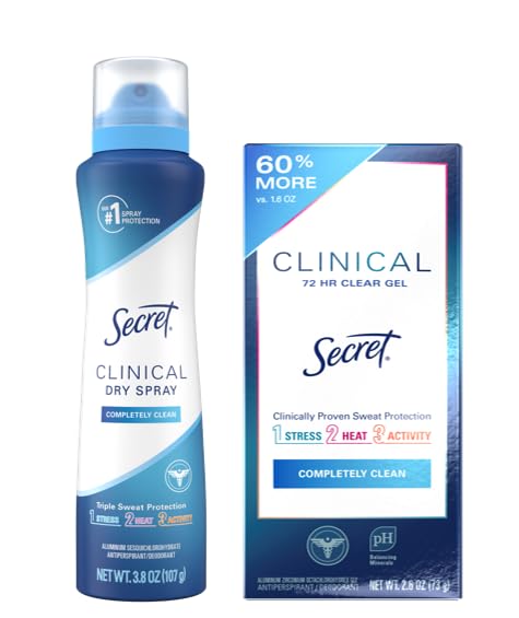 Secret Clinical Strength Antiperspirant Deodorant for Women, Stick + Spray Bundle, 3X Stress/Sweat/Odor Protection, Clear Gel & Dry Spray, Completely Clean Scent, 2.6 oz & 3.8 oz, (Pack of 2)