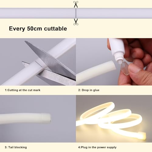 BENLUN 220 V COB LED Strip Outdoor Waterproof 30 m, 4000 K Natural White Flexible Cuttable LED Strip 300 W CRI 90+ Without Transformer, for Bedroom, Gaming, Office, Outdoor Pergola