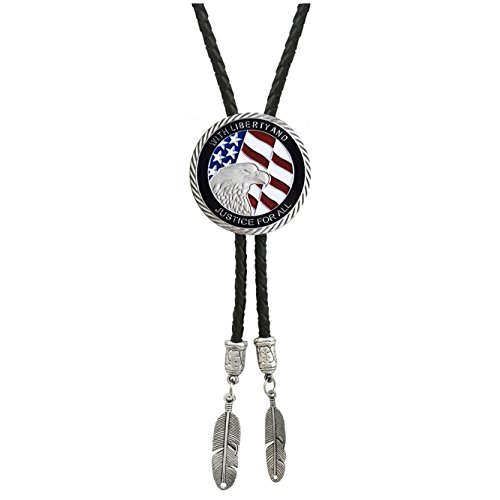 SELOVO Genuine Leather American Flag Eagle Bolo Tie Silver Tone Colored