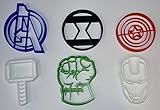 AVENGERS SUPERHEROS MARVEL COMICS MOVIE CHARACTERS LOGO HULK IRON MAN THOR CAPTAIN AMERICA BLACK WIDOW SET OF 6 SPECIAL OCCASION COOKIE CUTTERS BAKING TOOL 3D PRINTED MADE IN USA PR1051