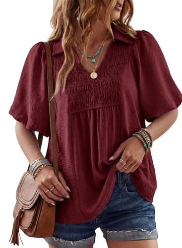 Astylish Womens V Neck Puff Sleeve Babydoll Top