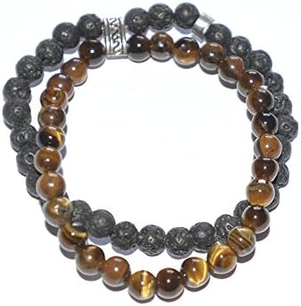 Love And Happiness Double LIfe Feng Shui Spiritual Harmony Tiger Eye And Lava Bead Bracelet With Silver Plated Happiness Charm Link