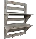 Chiaravita Vintage Rustic Torched Wood Hanging Wall Mount Organizer with 2 Hooks, 2-Tier Storage Rack Shelves â€“ Farmhouse/White Washed Home Decor Shelf for Kitchen, Bedrooms, or Bathroom