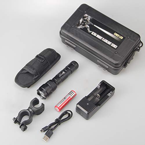 UltraFire WF-502B LED Tactical Flashlight, 5 Modes 1000 High Lumens Flashlight Torch with Duty Belt Flashlight Holster, Rechargeable Battery, USB Battery Charger, Bicycle Mount