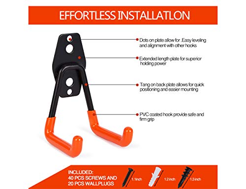 Tonsiki 10 Pieces Garage Storage Utility Double Hooks, Multi-size Heavy Duty Iron Wall Mount Tool Holder for Home Chair Ladder, Organizing Power Tools, Bulk items