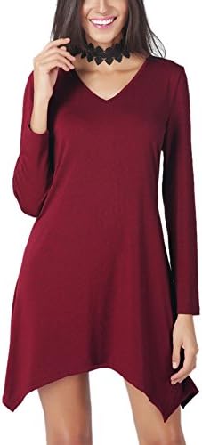 Xiessi Women's V Neck Long Sleeve Irregular Hem Solid Dress L Wine Red