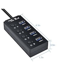 Divisor de concentrador de datos USB 3.0 de 4 puertos con interruptores de encendido apagado individuales y LED para Mac Pro, imac. Surface Pro.Mobile.HDD.PC, portátil y más (negro)