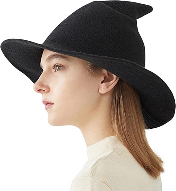 Women Witch Pointed Hat Halloween Witch Hats Foldable Knitted Wool Cap Vintage Wizard Witches Hat Fancy Dress Accessory Halloween Cosplay Party Costume Accessory