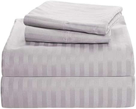 Light Grey Stripe King Size Ultra Soft Natural 4 PCs Bed Sheet Set 16" Deep Elastic All Round 100% Cotton 400-Thread-Count Extremely Stronger Durable By Aashi