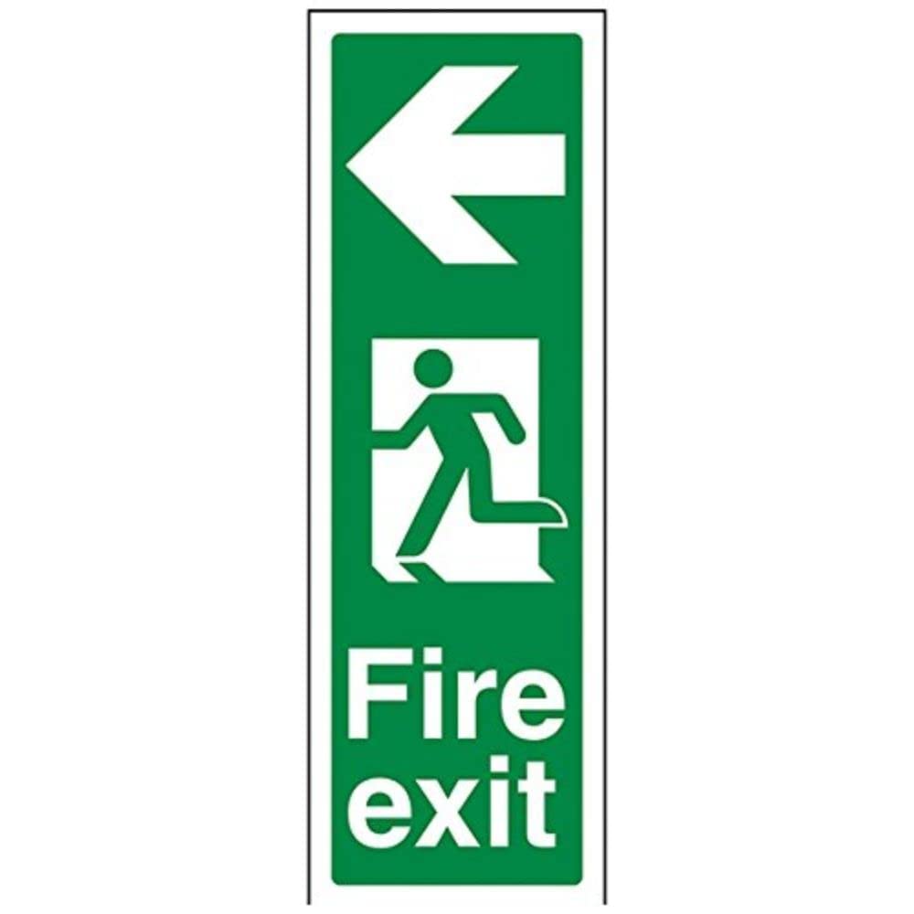 VSafety Portrait Fire Exit Arrow Left Sign - Portrait - 100mm x 300mm - Self Adhesive Vinyl
