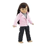 Emily Rose 18 Inch Doll Clothes | Stylish Pink Faux Leather Crop Jacket Outfit, Includes Jeans and Striped Long Sleeved T-Shirt | Fits American Girl Dolls