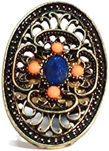 Orange &amp; Blue Bling Statement Art Deco Brass Ring, Repurposed Jewelry, Large, Adjustable