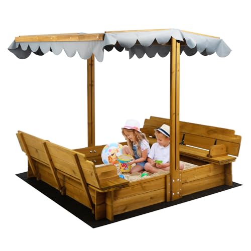Wooden Kids Sandbox with Lid, Outdoor Sand Box with Canopy and Two