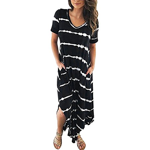Stripe Dress-Han Shi Womens Casual Split Pocket Short Sleeved Irregular Long Sundress (Black, S)