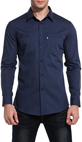 Misakia Mens Oxford Cotton Slim Fit Casual Button-Down Shirts Long Sleeve (Dark Blue L)